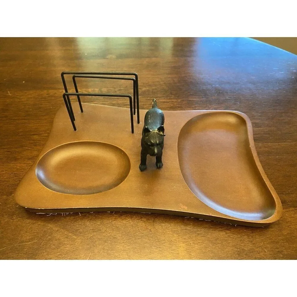 MEN'S WOOD VALET DRESSER TOP ORGANIZER W/ DOG STATUE MADE IN JAPAN